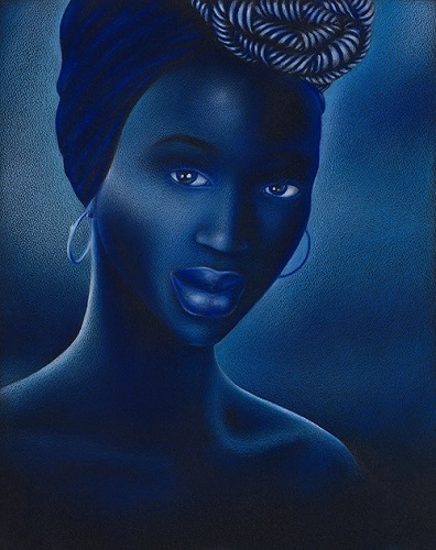 color pencil portrait of a blue woman with a head wrap by Derick Jackson