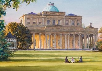 watercolor painting of the Pittville Pump Rooms in Cheltenham by Brian Crosby