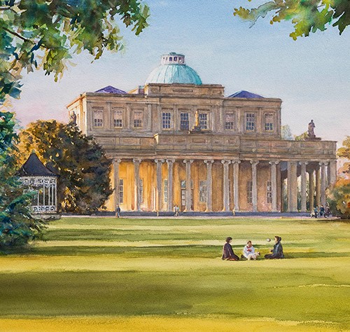 watercolor painting of the Pittville Pump Rooms in Cheltenham by Brian Crosby