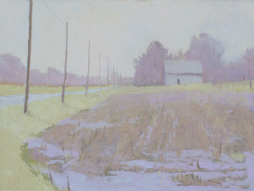 pastel landscape of a foggy spring sunrise by Carol Strock Wasson