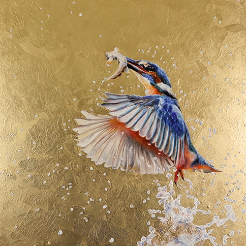 oil and gold leaf painting of a bird in flight by Nikki Carr