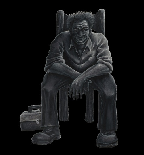colored pencil portrait of a sitting man with lunchbox by Derick Jackson