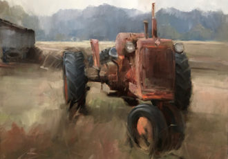 painting of an old tractor in a field by Susan Patton