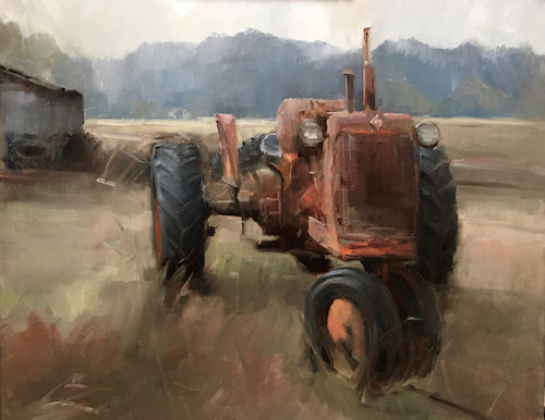 painting of an old tractor in a field by Susan Patton