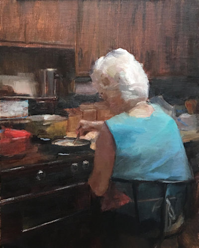 figurative painting of a woman cooking by Susan Patton