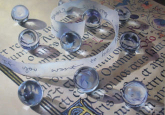 oil still life painting of glass marbles on a book by Barbara Fox