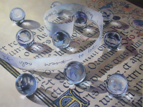oil still life painting of glass marbles on a book by Barbara Fox