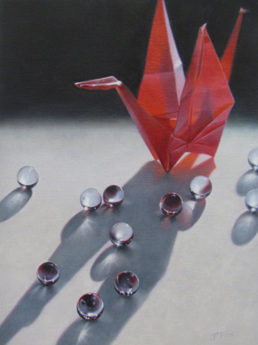 oil still life or glass marbles and origami by Barbara Fox