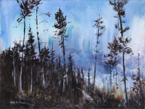 water media painting of a tree filled hillside by Anne Watson Sorensen