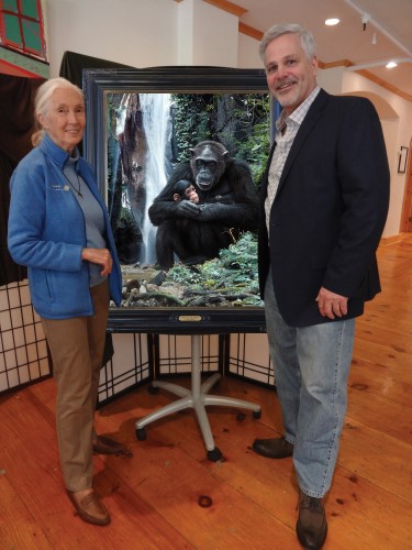 Artist Bruce Lawes and Dr. Jane Goodall with painting