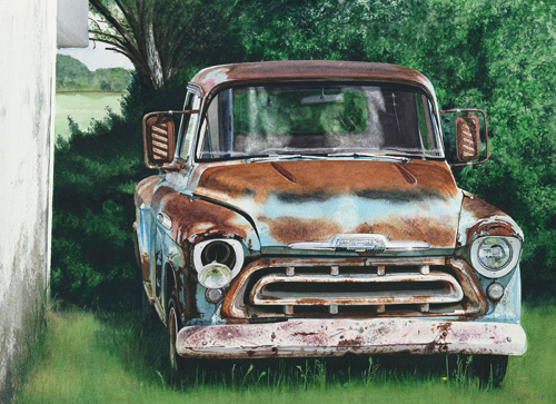 watercolor of an old car behind a barn by Nash Cox