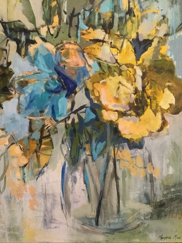 floral painting of yellow and blue flowers by Marjorie Mae Broadhead