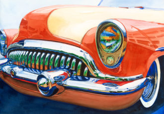 watercolor of a red Buick by Nash Cox