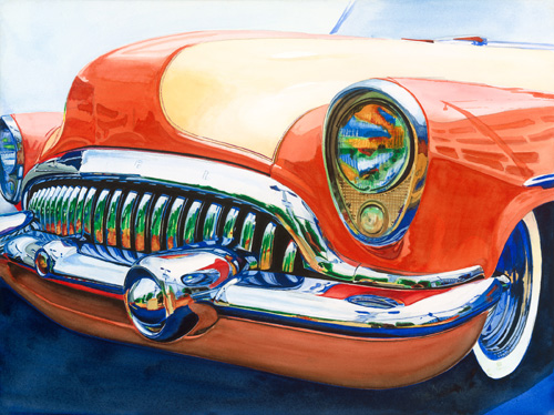 watercolor of a red Buick by Nash Cox