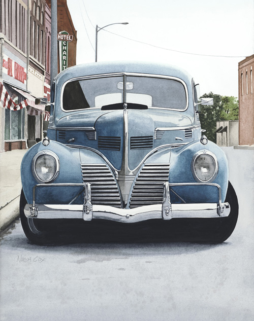 watercolor of a classic car on Chariton St by Nash Cox