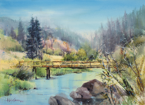 watercolor painting of a stream with a bridge by Anne Watson Sorensen