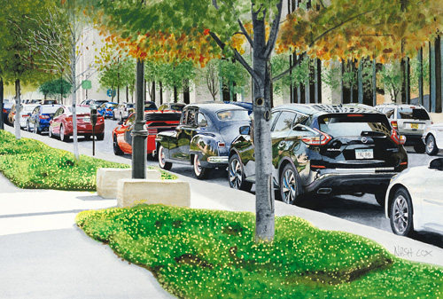 watercolor of a Des Moines street by Nash Cox