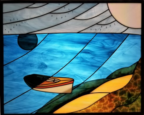 stained glass of a harbor by Robbie MacIver