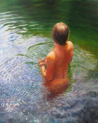 figurative oil painting of a woman standing in water by Barbara Fox