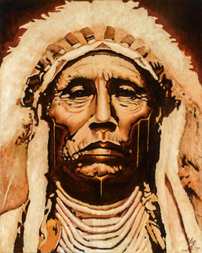 painted portrait of Medicine Crow Head Dress by Clement Janis