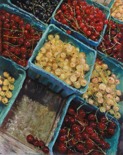 pastel of boxes of red and yellow currants by Maryann Mullett