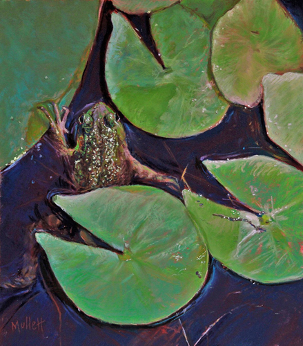 pastel of a frog and lily pads by Maryann Mullett
