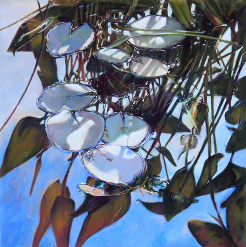pastel of plant reflections on a pond by Maryann Mullett