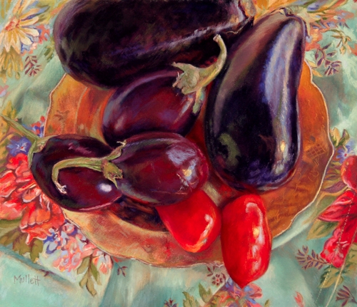 pastel of a still life with eggplant by Maryann Mullett