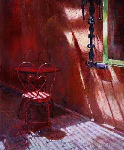 pastel of a sidwalk outside a cafe by Maryann Mullett