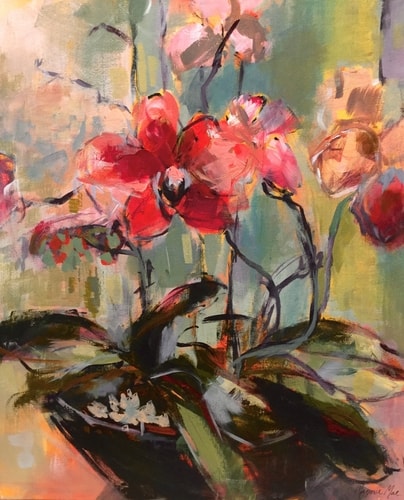 painting of red flowering plants by Marjorie Mae Broadhead