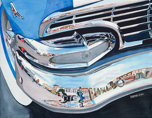 watercolor detail of a blue classic car by Nash Cox