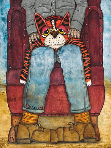 painting of a striped cat with its owner by Jennifer Steck