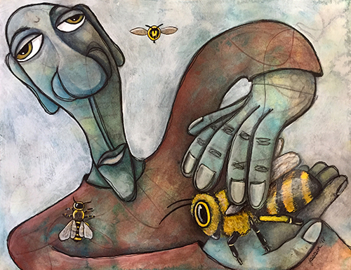 painting of a man petting a bee by Jennifer Steck