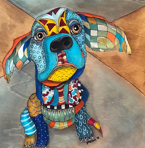 abstract painting of a patchwork puppy by Jennifer Steck