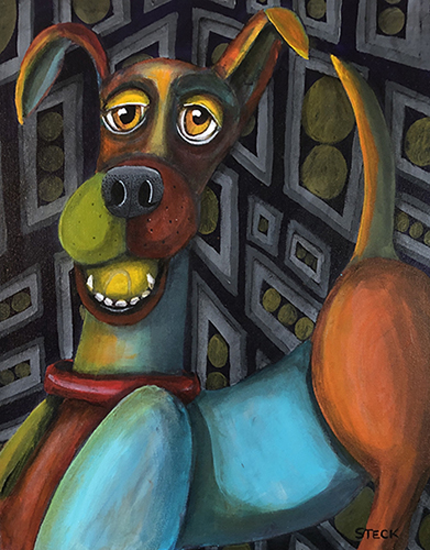 painting of a ball hoarding dog by Jennifer Steck