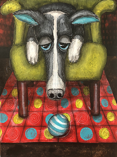 abstract painting of a dog with a ball by Jennifer Steck