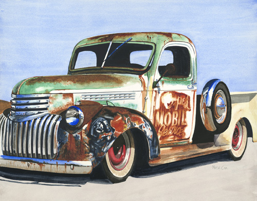 watercolor of an old Mobil pick up truck by Nash Cox