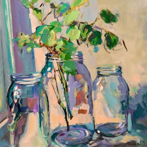 floral painting of flowers in mason jars by Marjorie Mae Broadhead