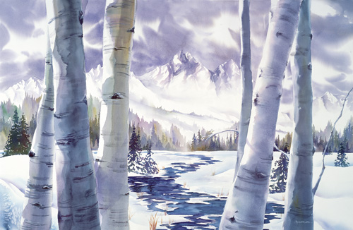 watercolor of birch trees in the snow by Anne Watson Sorensen