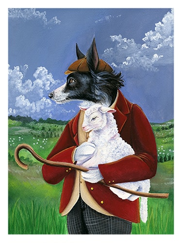 painting of a wolf holding a lamb by Hannah Spiegleman