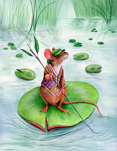 painting of a mouse on a lily pad by Hannah Spiegleman