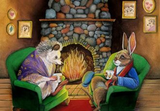 painting of a rabbit and hedgehog sitting in front of a fireplace by Hannah Spiegleman
