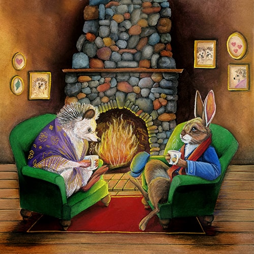 painting of a rabbit and hedgehog sitting in front of a fireplace by Hannah Spiegleman