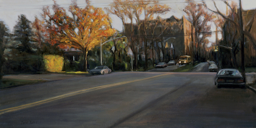 painting of a street scene in November by Sarah Yuster