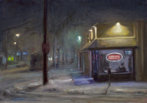 painting of a pizzeria by Sarah Yuster