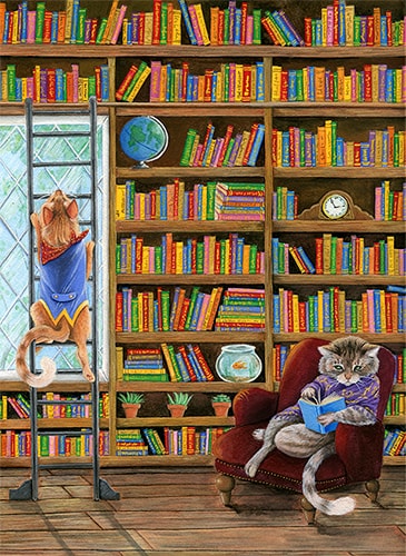 painting of two cats in the library reading by Hannah Spiegleman