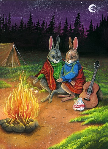 painting of two rabbist camping by Hannah Spiegleman