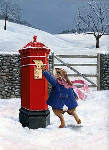 painting of a rabbit posting a letter by Hannah Spiegleman