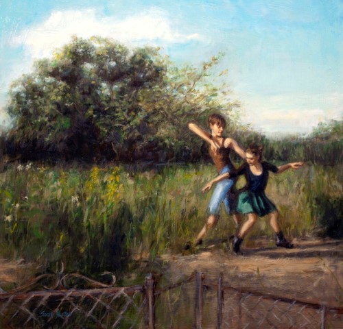 paiting of two girls dancing outdoors by Sarah Yuster