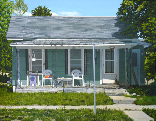 painted portrait of a small blue house by Michael Ward